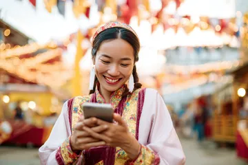 A cheerful woman in traditional clothing using her smartphone during a festive moment, showing how easily the 83JLPH app fits into everyday life.