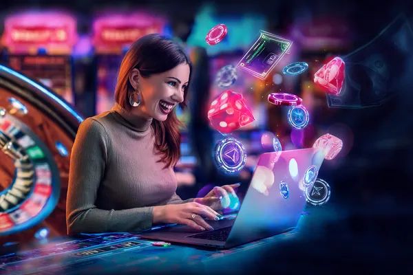 A woman smiling while playing online games on her laptop, surrounded by neon casino elements, showcasing 83JLPH’s diverse game collection.