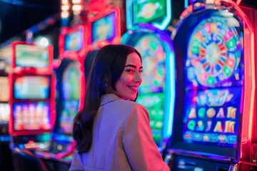 A woman smiling by bright slot machines showing lucky symbols, showcasing the exciting slot offerings at 83JLPH.